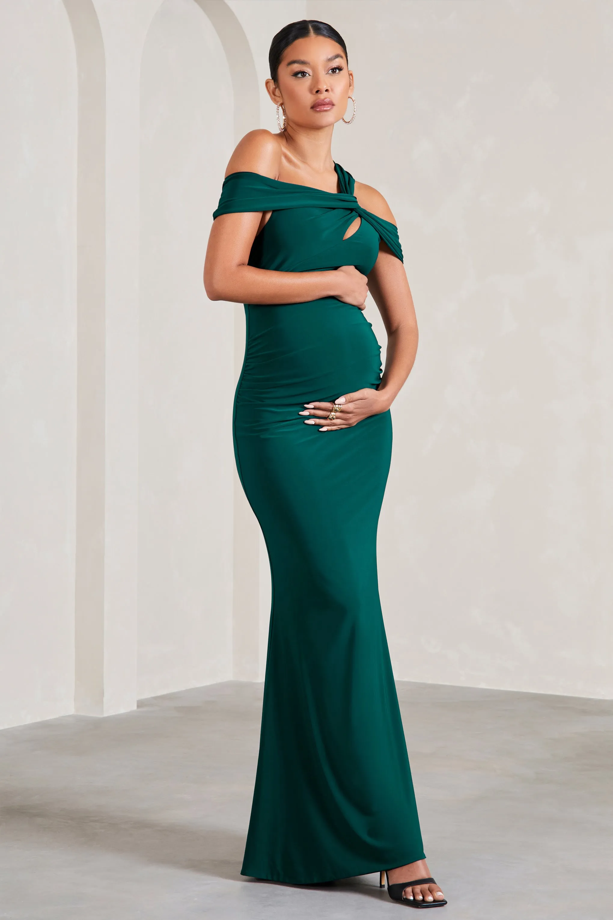 Captivating | Bottle Green Strappy Asymmetric Cut-Out Maternity Maxi Dress