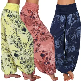 Casual Wide Leg Harem Pants - Cotton Polyester Blend, Elastic Waist, Loose Fit, Full Length