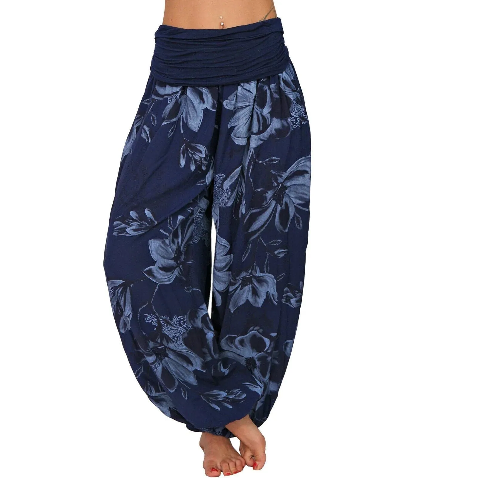 Casual Wide Leg Harem Pants - Cotton Polyester Blend, Elastic Waist, Loose Fit, Full Length