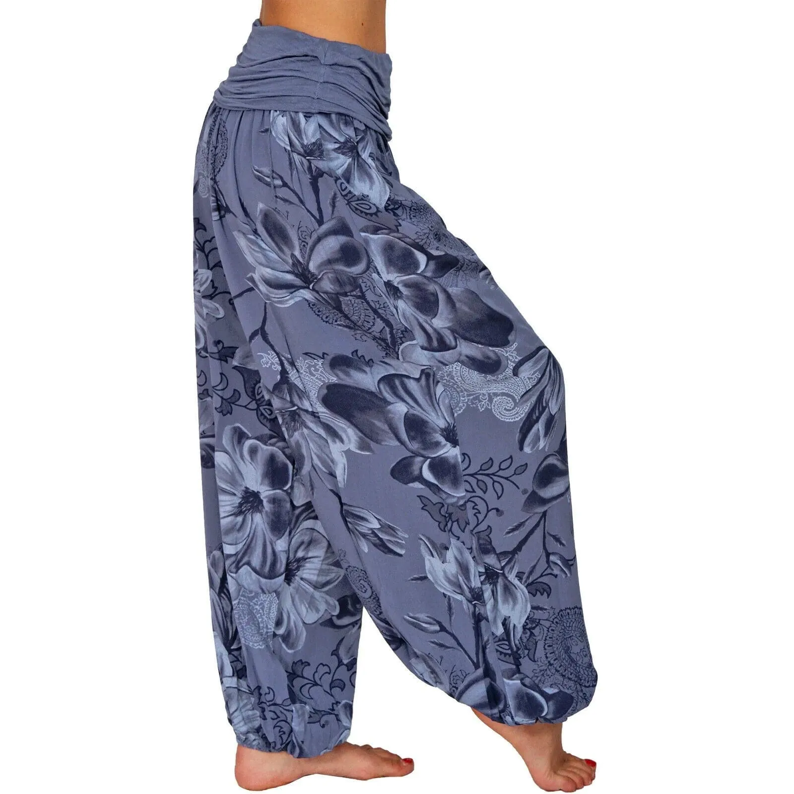 Casual Wide Leg Harem Pants - Cotton Polyester Blend, Elastic Waist, Loose Fit, Full Length