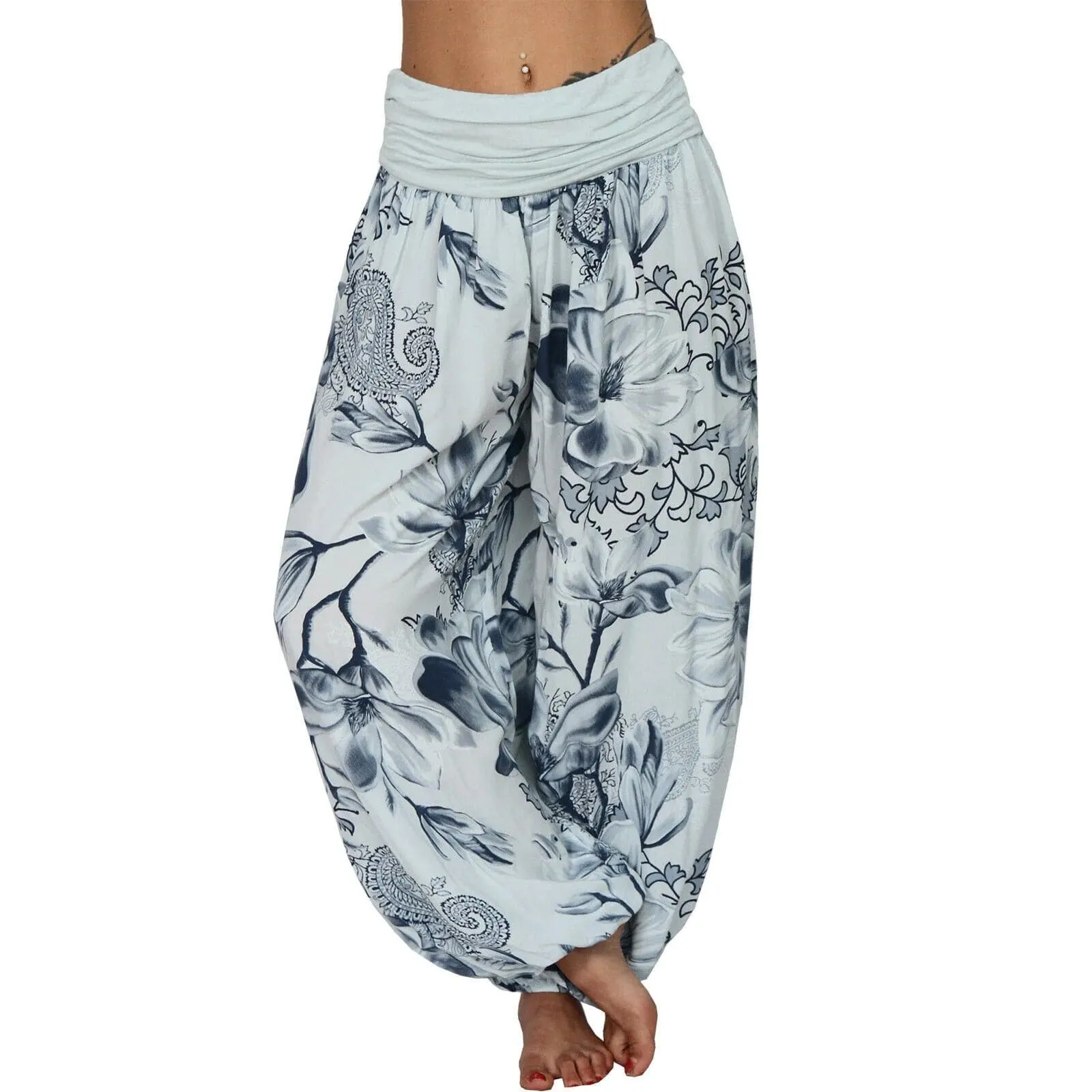 Casual Wide Leg Harem Pants - Cotton Polyester Blend, Elastic Waist, Loose Fit, Full Length