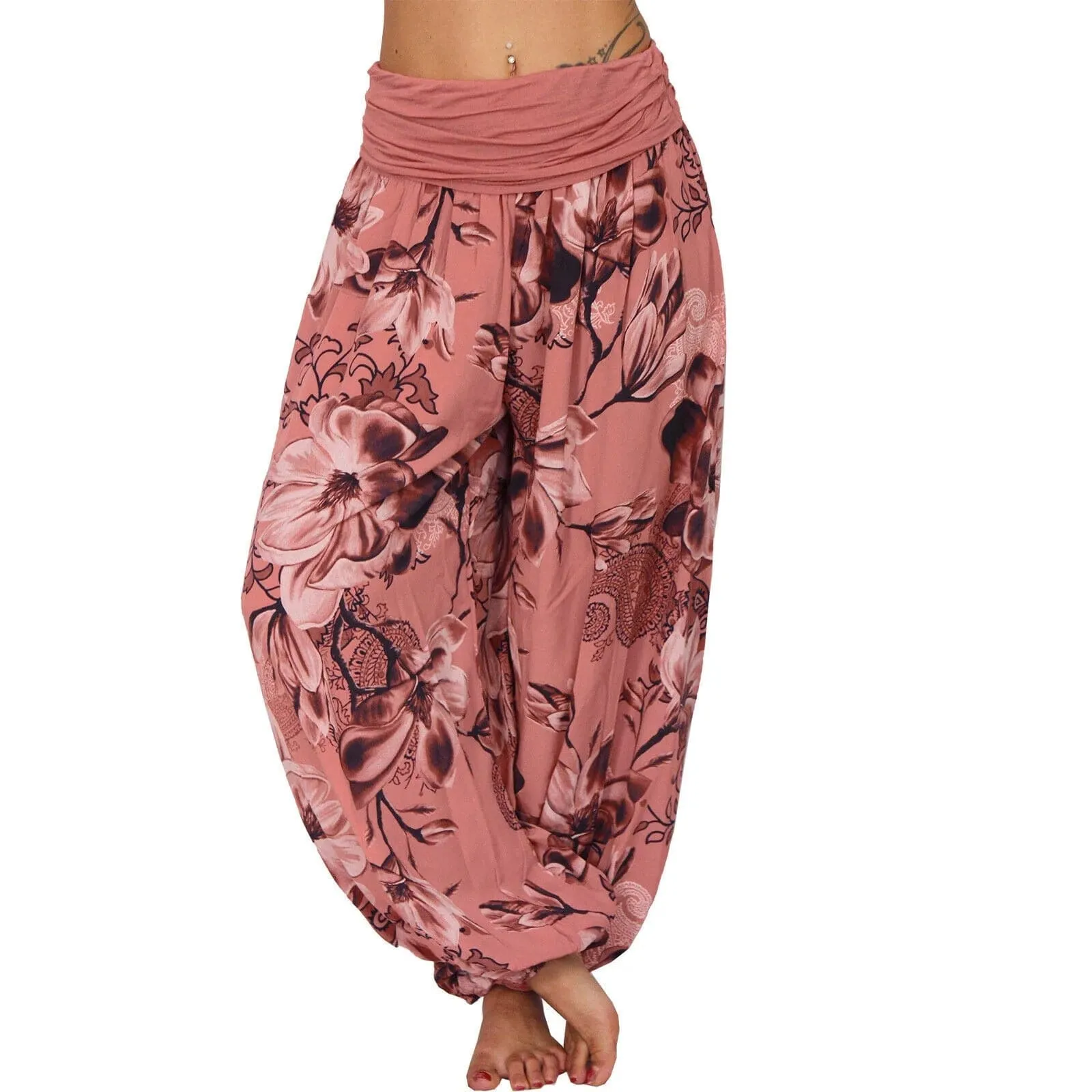 Casual Wide Leg Harem Pants - Cotton Polyester Blend, Elastic Waist, Loose Fit, Full Length