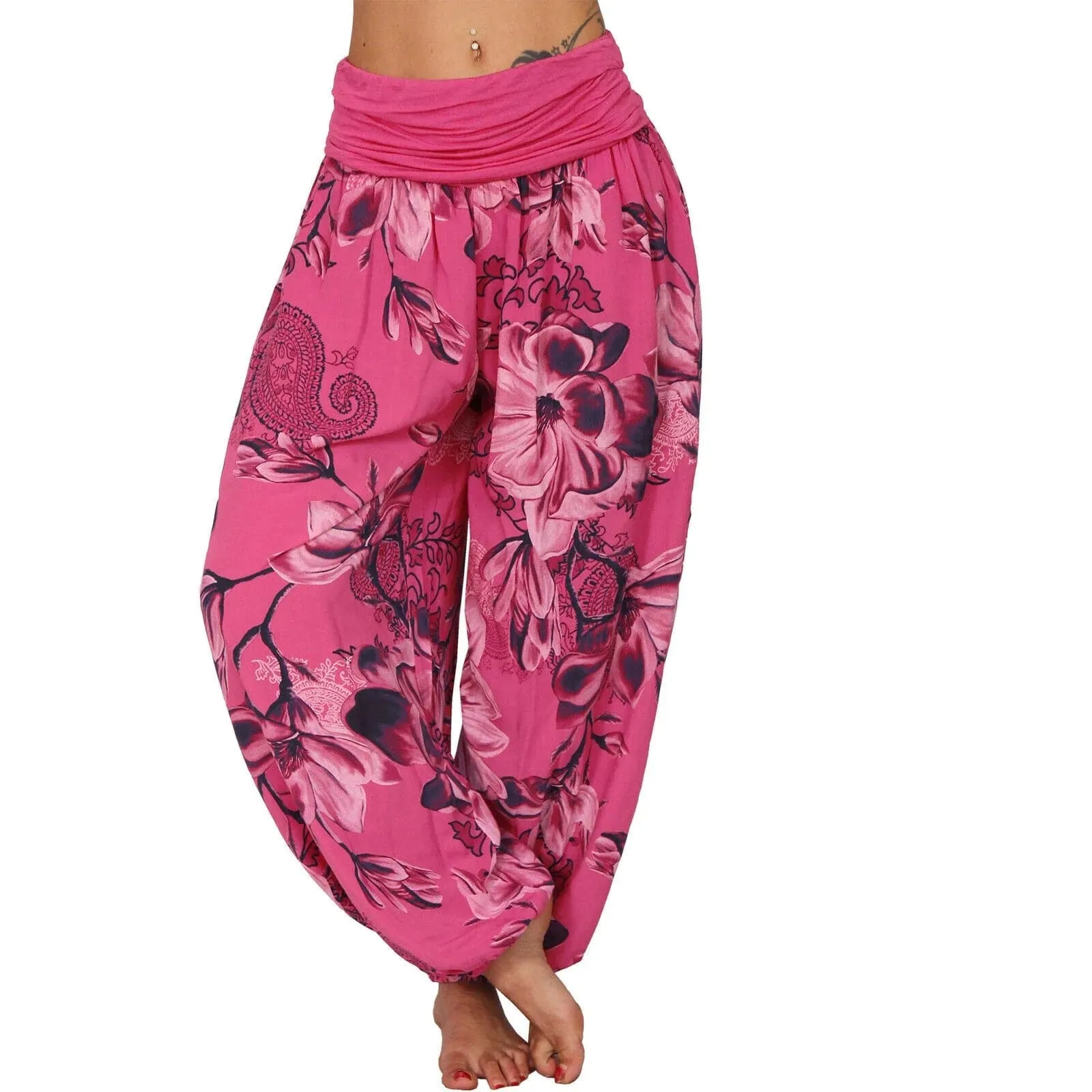 Casual Wide Leg Harem Pants - Cotton Polyester Blend, Elastic Waist, Loose Fit, Full Length