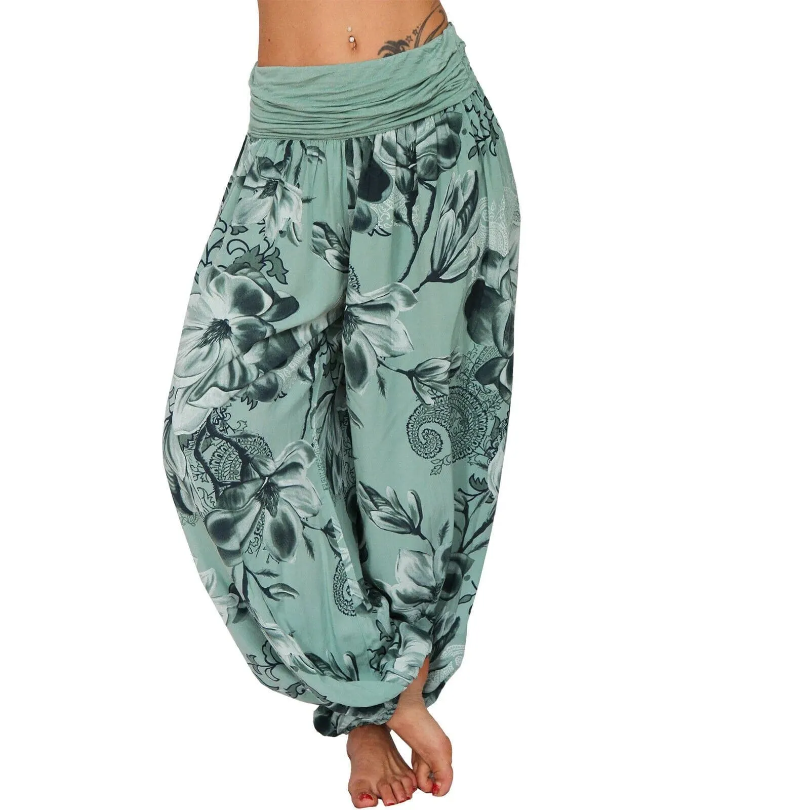 Casual Wide Leg Harem Pants - Cotton Polyester Blend, Elastic Waist, Loose Fit, Full Length