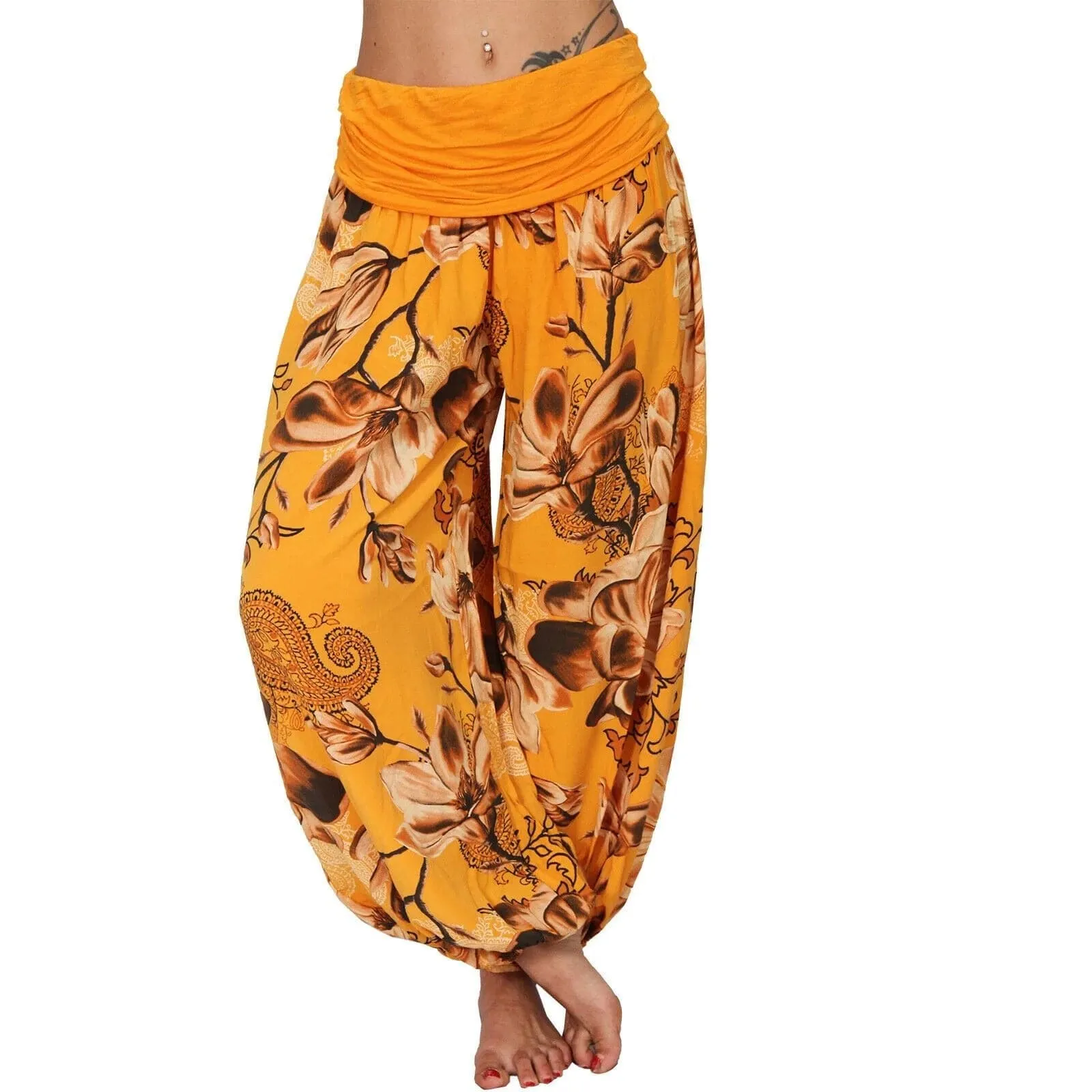 Casual Wide Leg Harem Pants - Cotton Polyester Blend, Elastic Waist, Loose Fit, Full Length