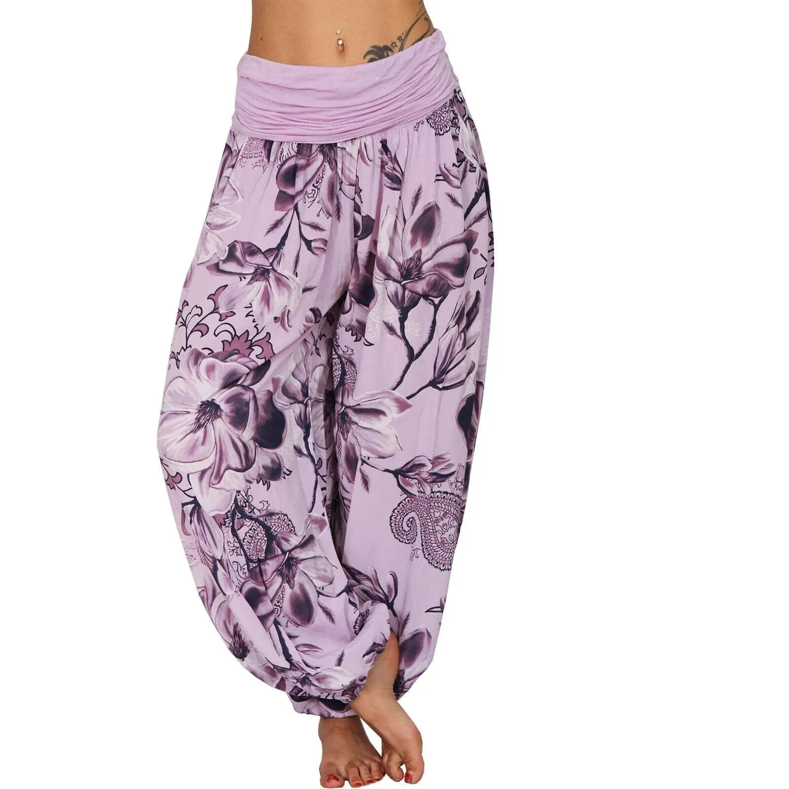 Casual Wide Leg Harem Pants - Cotton Polyester Blend, Elastic Waist, Loose Fit, Full Length