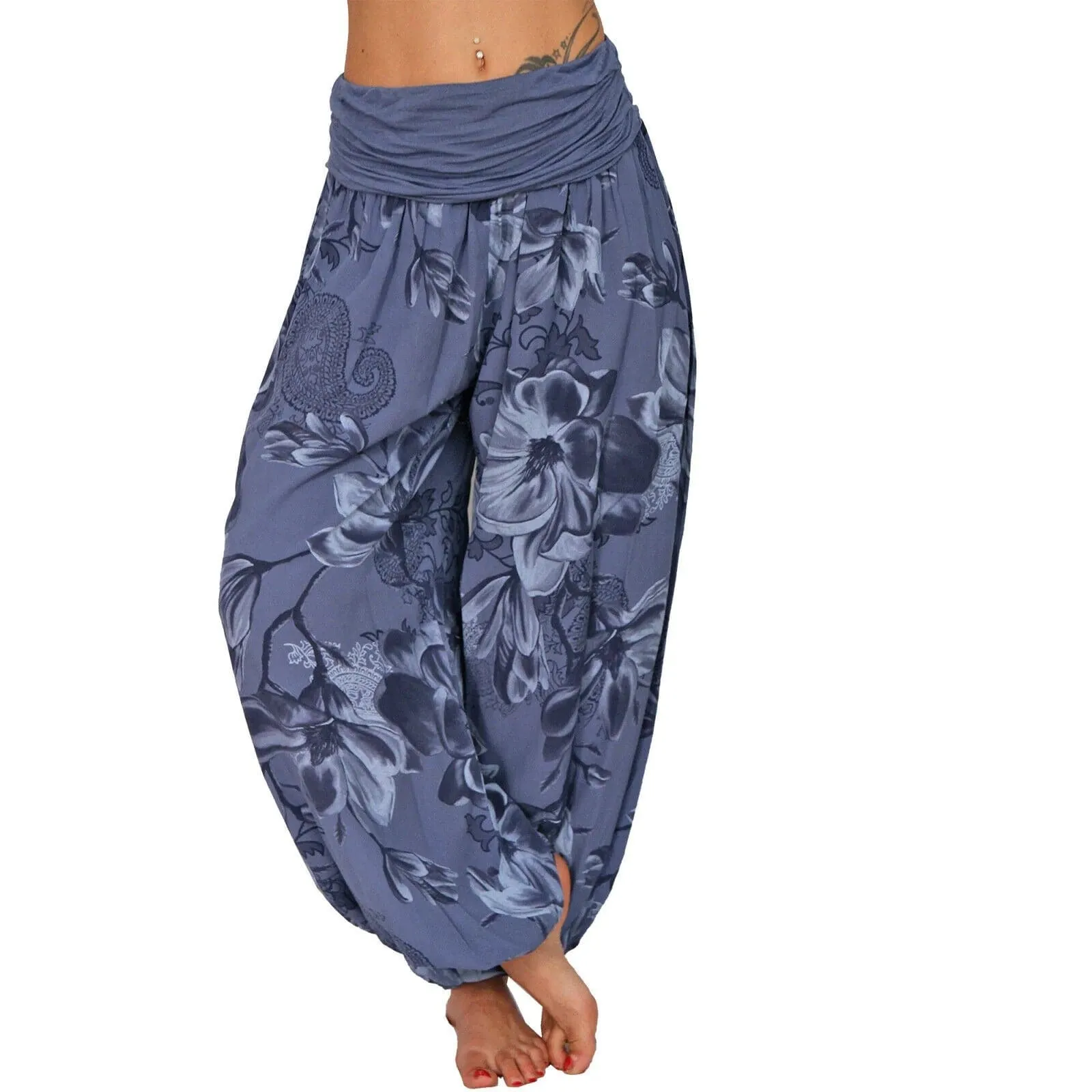 Casual Wide Leg Harem Pants - Cotton Polyester Blend, Elastic Waist, Loose Fit, Full Length