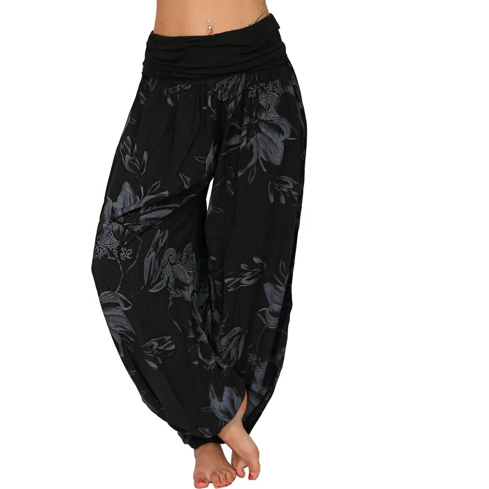 Casual Wide Leg Harem Pants - Cotton Polyester Blend, Elastic Waist, Loose Fit, Full Length