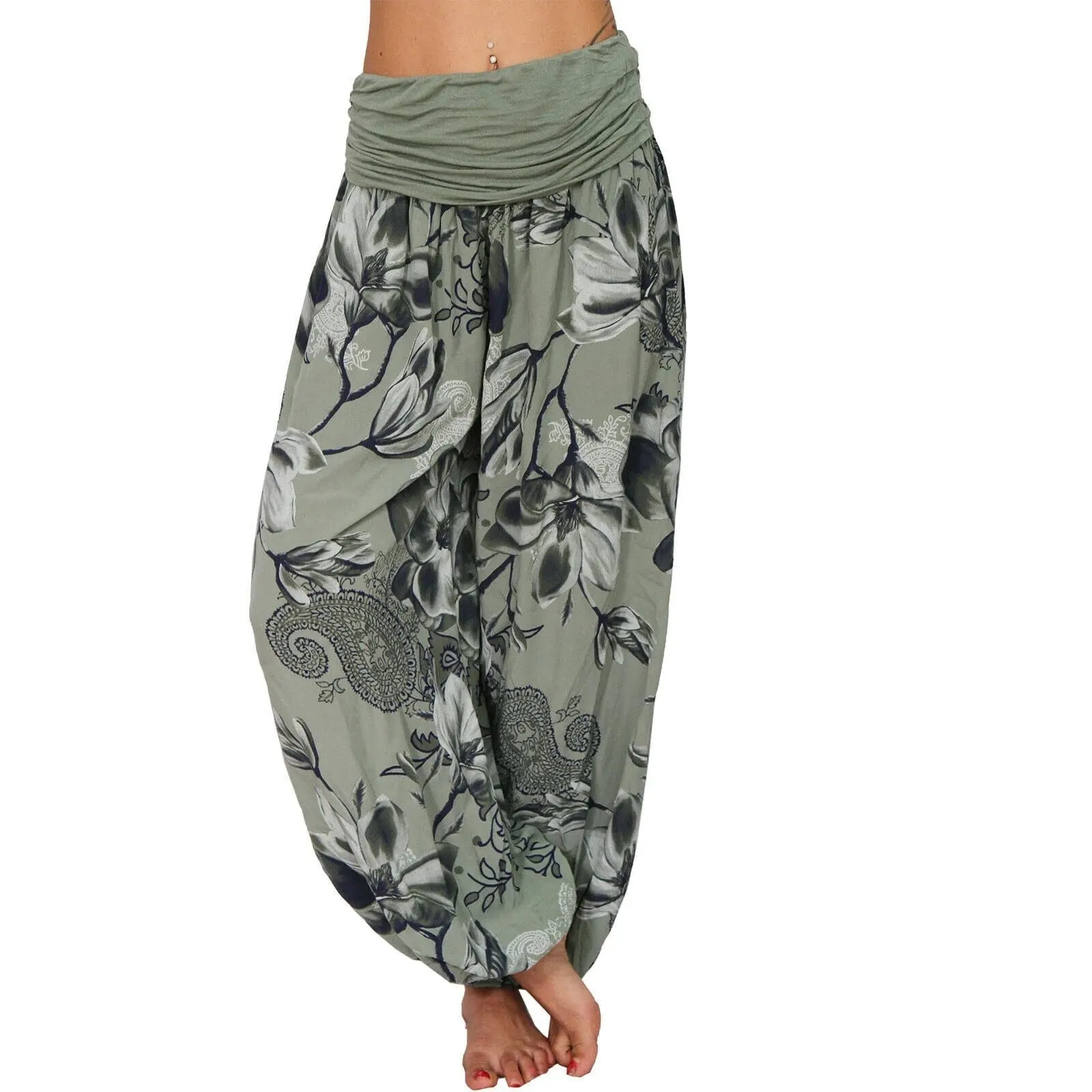 Casual Wide Leg Harem Pants - Cotton Polyester Blend, Elastic Waist, Loose Fit, Full Length