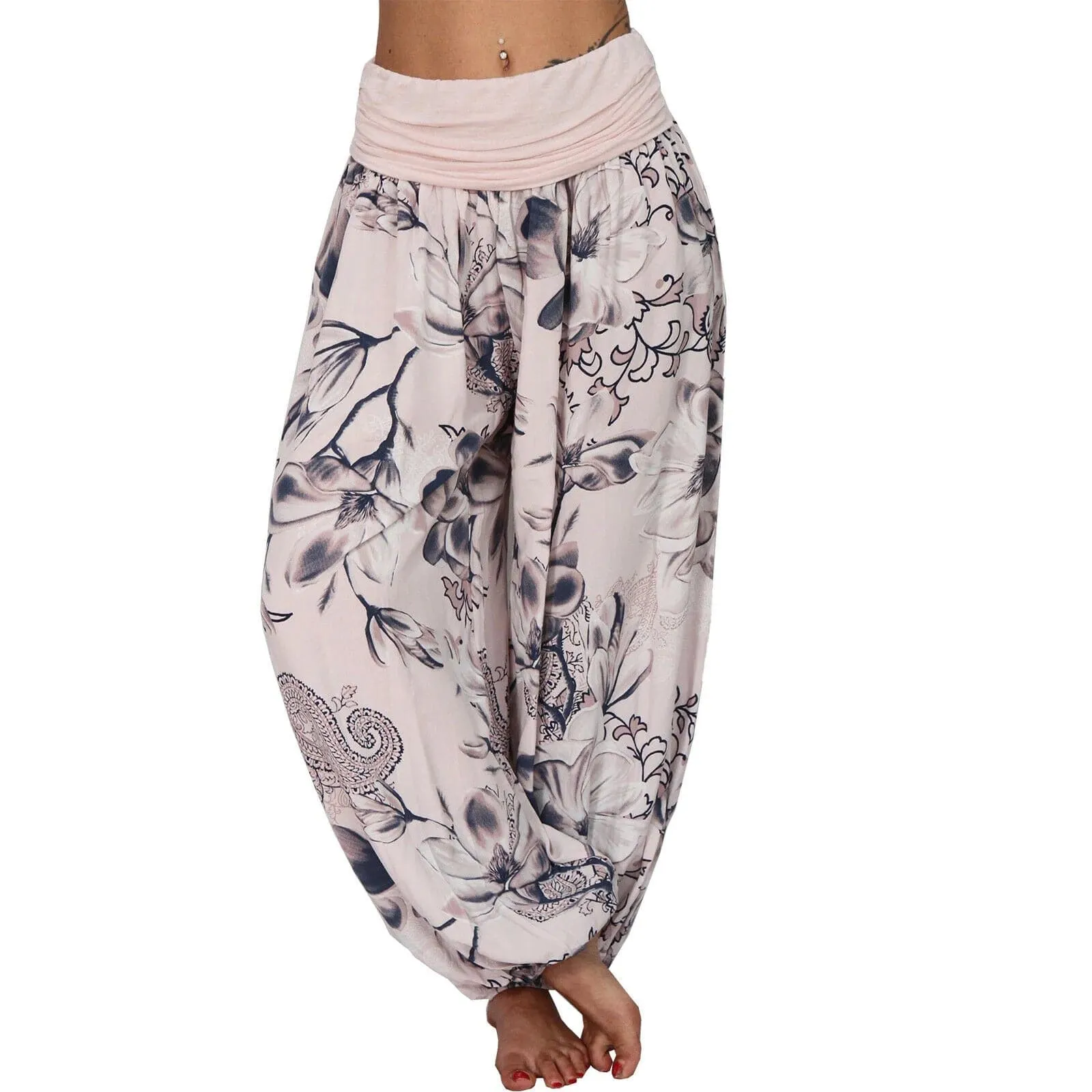 Casual Wide Leg Harem Pants - Cotton Polyester Blend, Elastic Waist, Loose Fit, Full Length