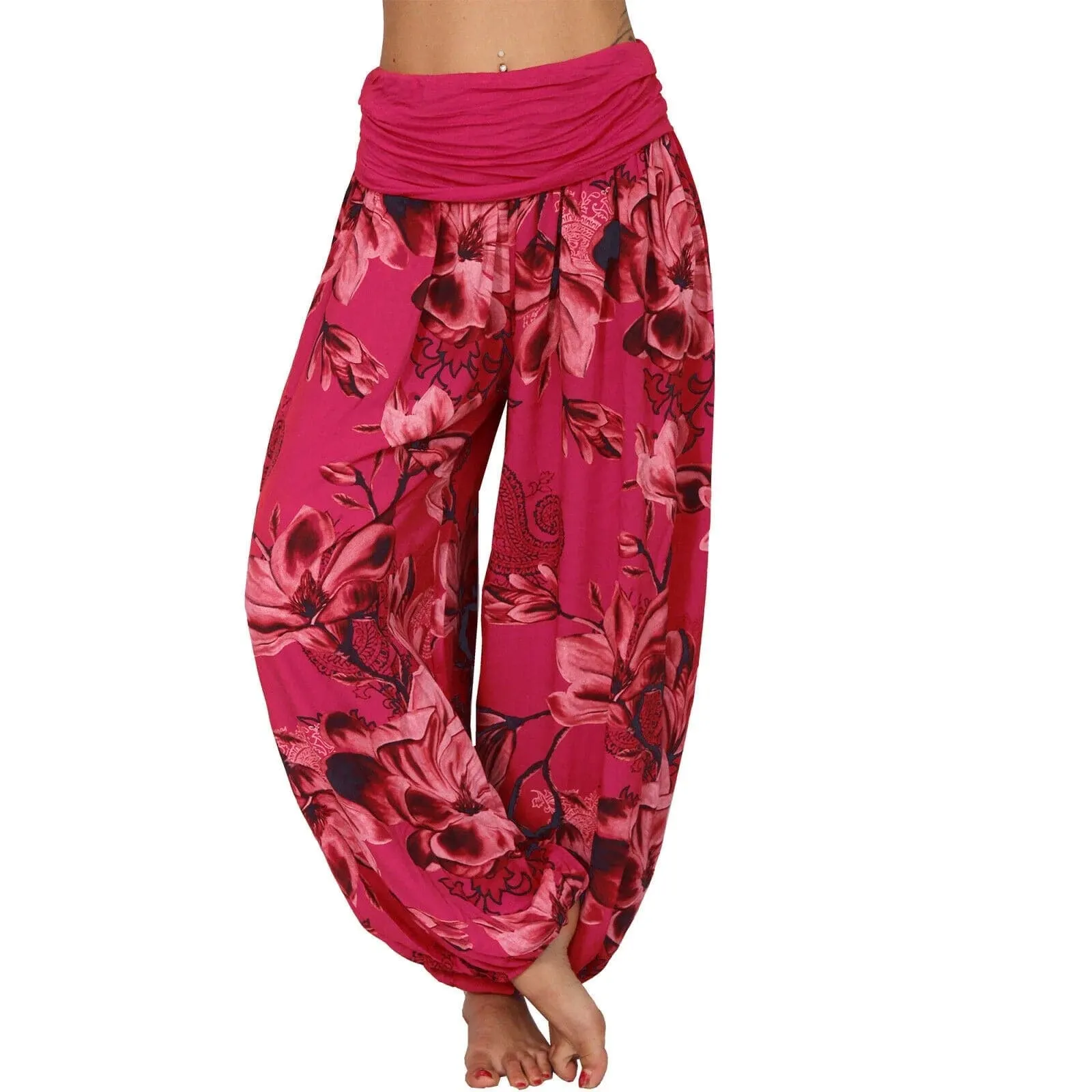 Casual Wide Leg Harem Pants - Cotton Polyester Blend, Elastic Waist, Loose Fit, Full Length