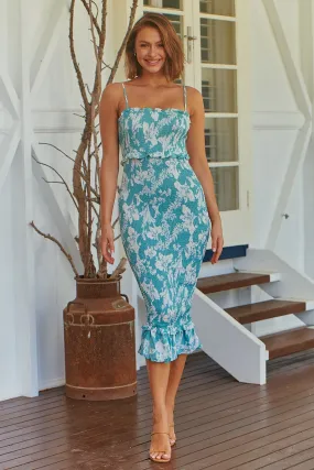 Ceres Shirred Aqua Floral Midi Dress