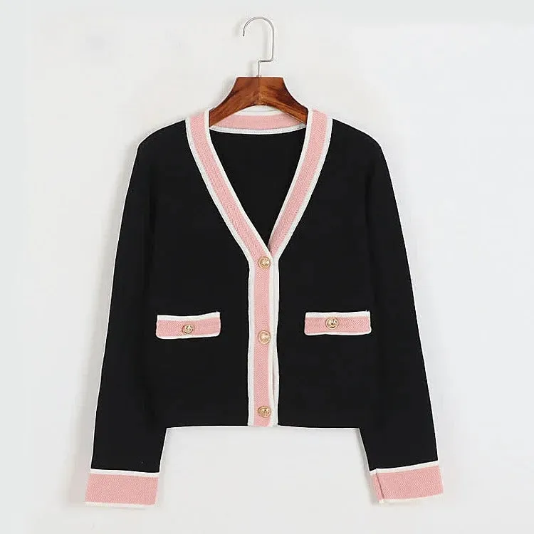 Chic Colorblock Crop Knit V-Neck Cardigan Sweater