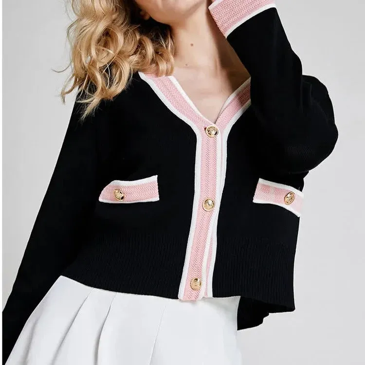 Chic Colorblock Crop Knit V-Neck Cardigan Sweater