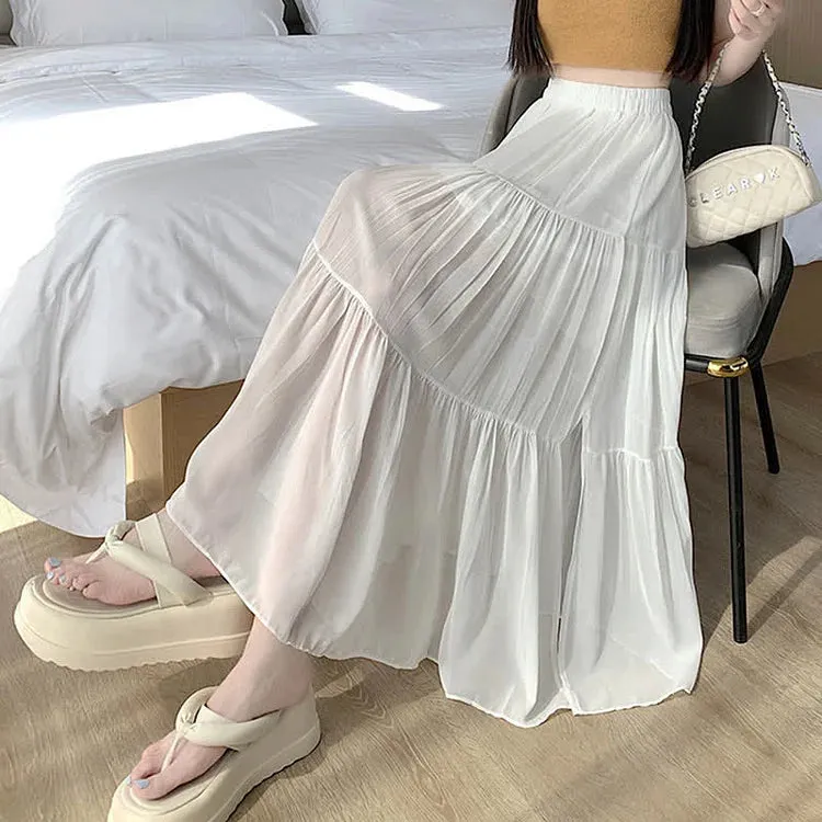 Chic High Waist Pleated Split A-line Long Skirt