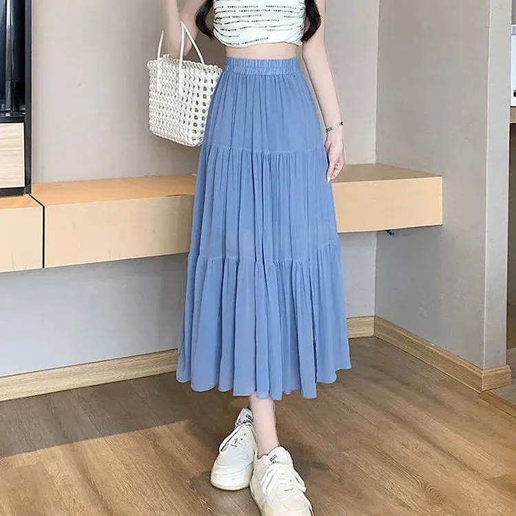 Chic High Waist Pleated Split A-line Long Skirt