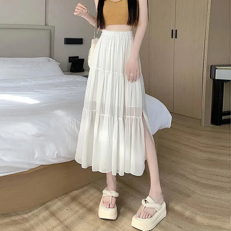 Chic High Waist Pleated Split A-line Long Skirt