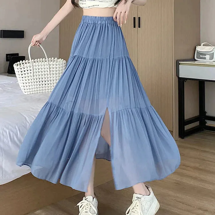 Chic High Waist Pleated Split A-line Long Skirt