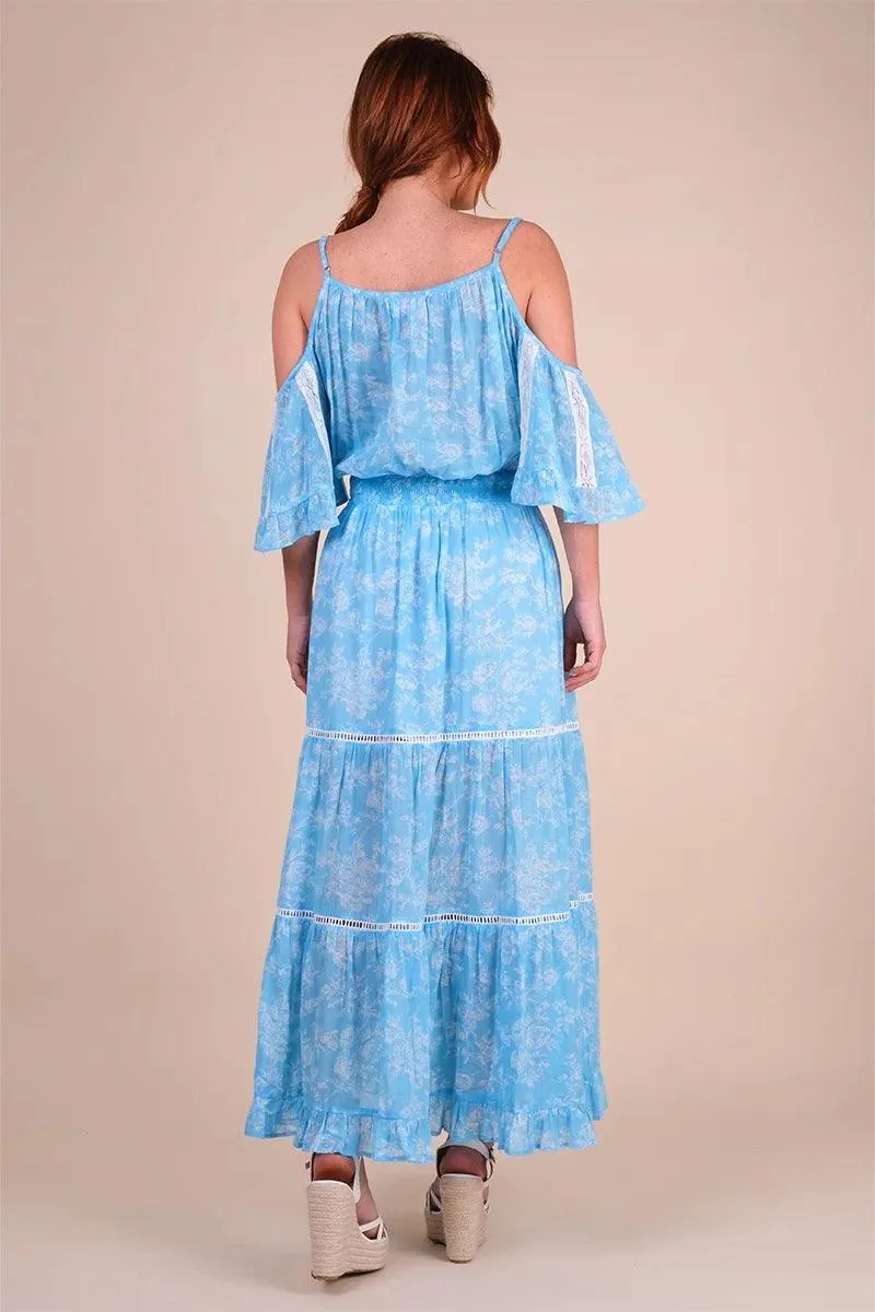 Cold Shoulder Maxi Dress Karena in Blue Print