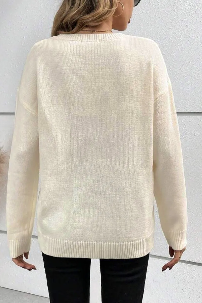 Cream Knitted "Boo" Pattern Sweater