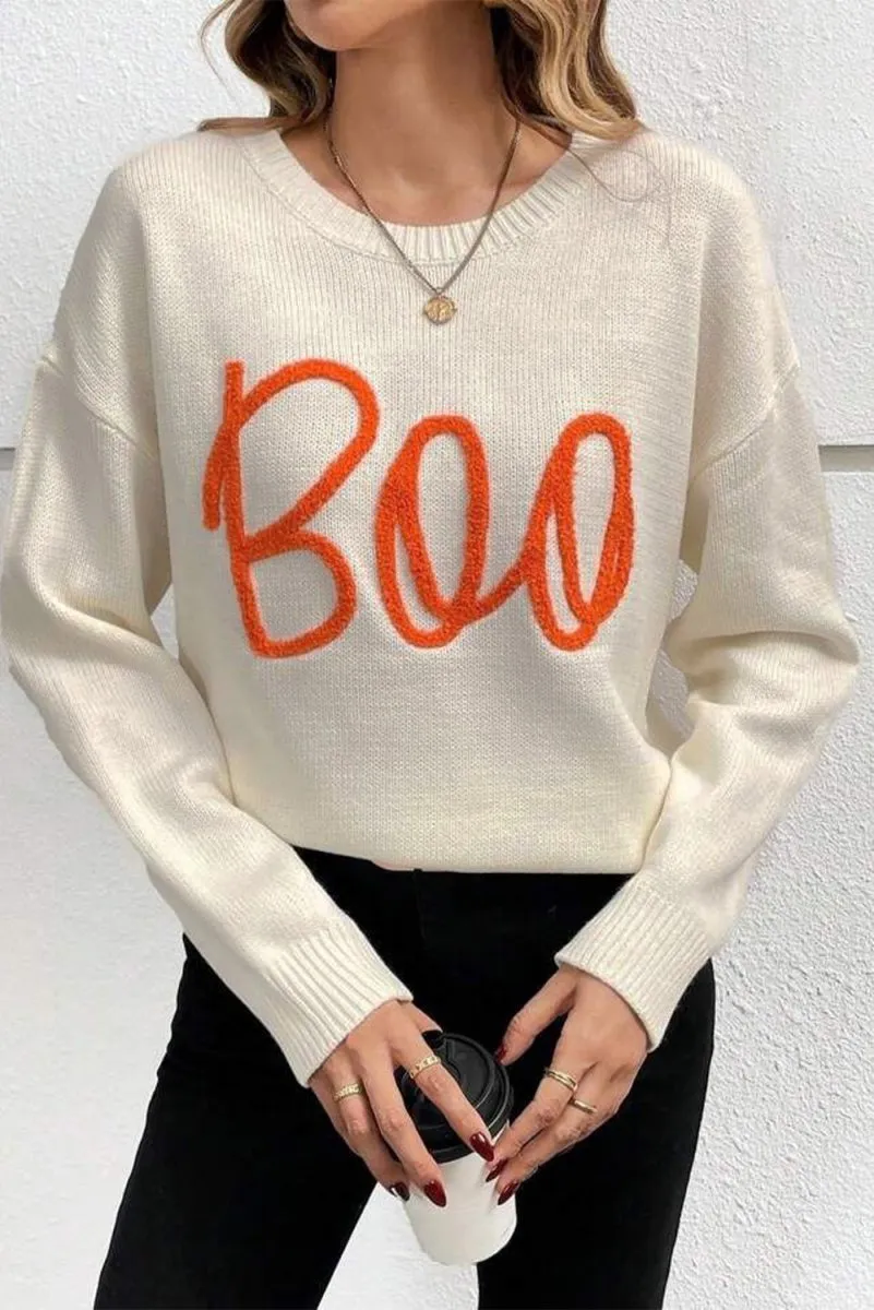 Cream Knitted "Boo" Pattern Sweater