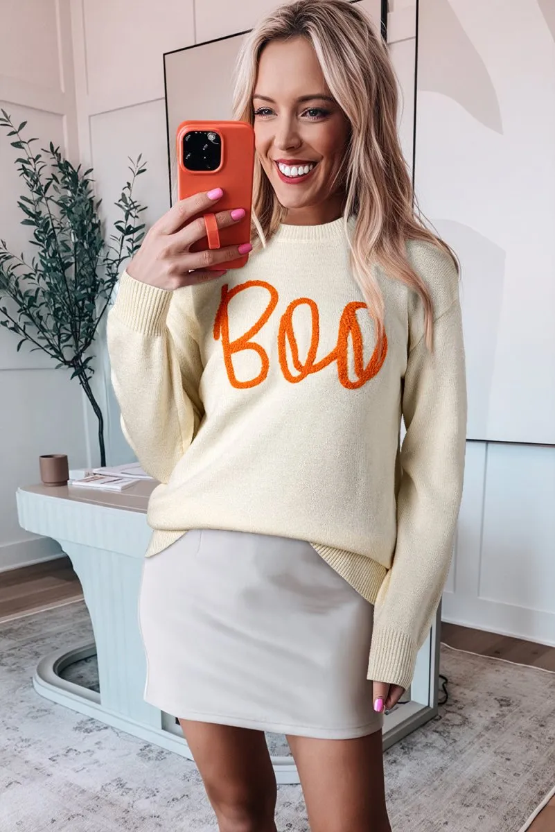 Cream Knitted "Boo" Pattern Sweater