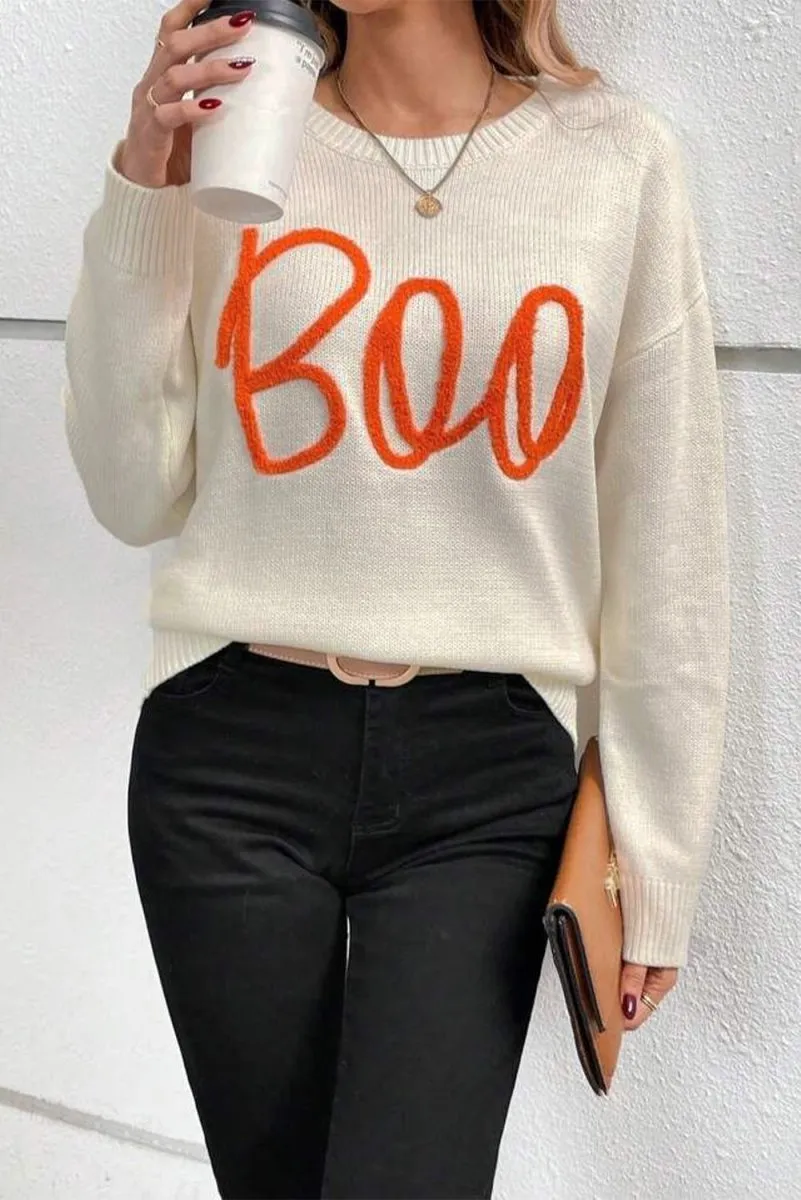 Cream Knitted "Boo" Pattern Sweater