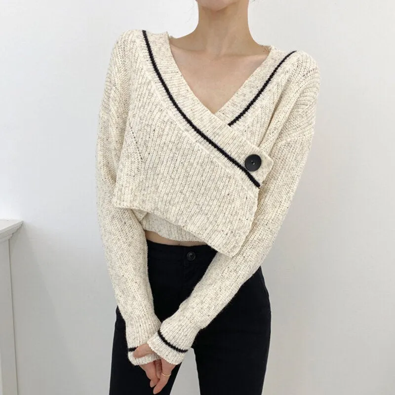 Cropped Wrap Sweater With V-Neck