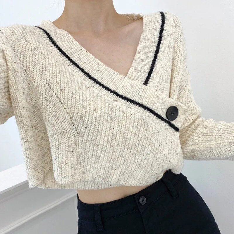 Cropped Wrap Sweater With V-Neck