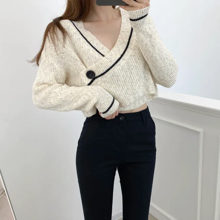 Cropped Wrap Sweater With V-Neck