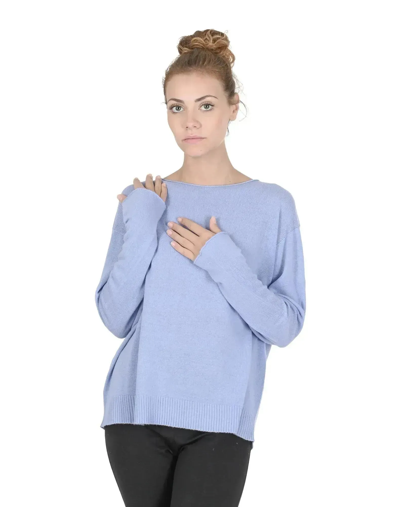 Crown of Edinburgh Cashmere Women's Cashmere Boatneck Sweater in Sky blue - L