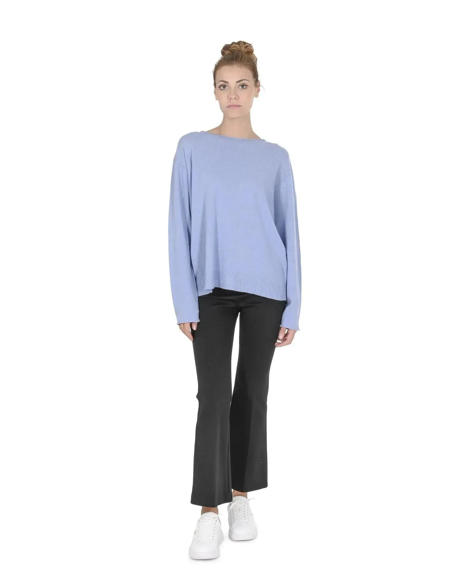 Crown of Edinburgh Cashmere Women's Cashmere Boatneck Sweater in Sky blue - L