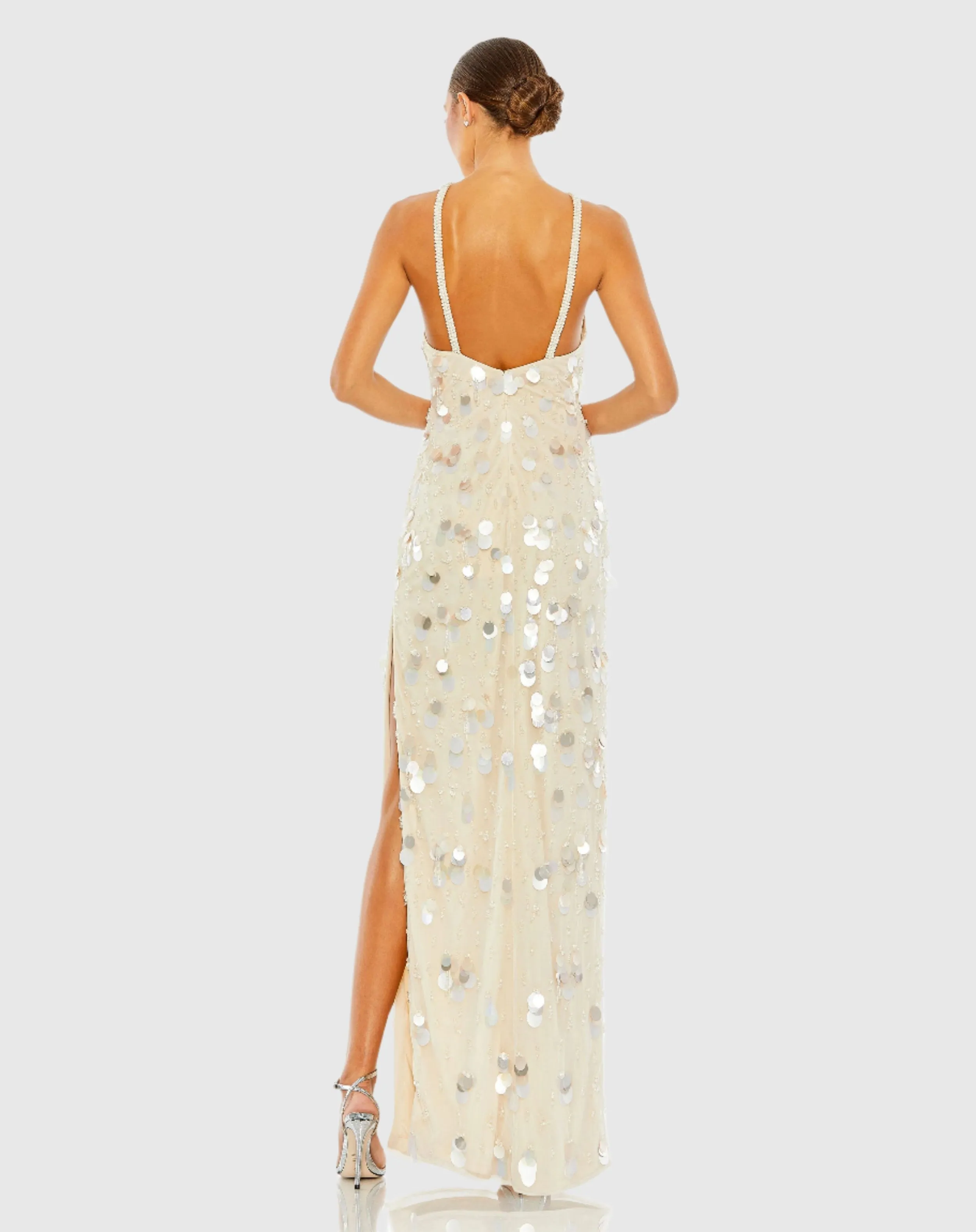 Crystal Embellished Cascade Open Back Column Gown