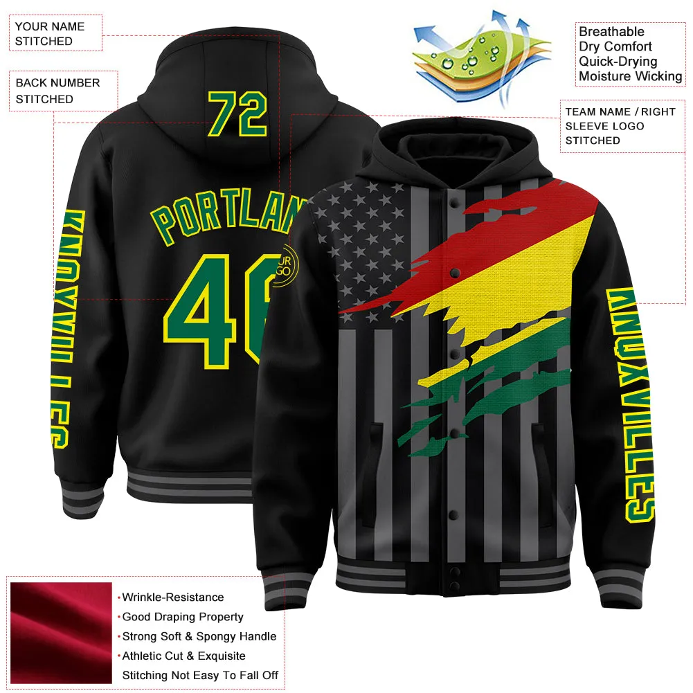 Custom Black Kelly Green Light Yellow-Gray Bolivia Bolivian Flag 3D Bomber Full-Snap Varsity Letterman Hoodie Jacket