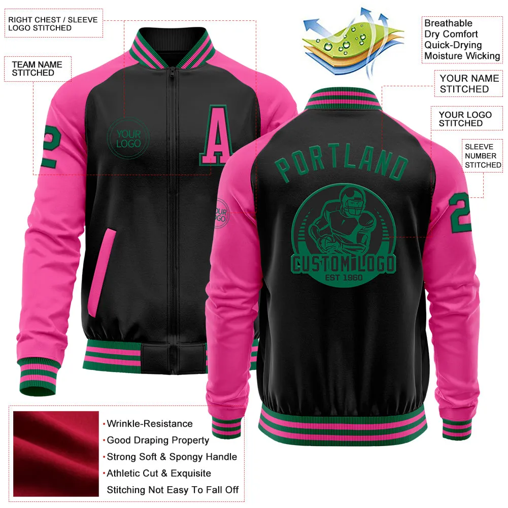 Custom Black Kelly Green-Pink Bomber Varsity Letterman Two Tone Zipper Jacket