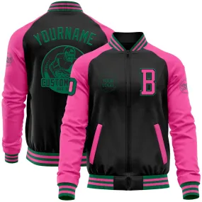 Custom Black Kelly Green-Pink Bomber Varsity Letterman Two Tone Zipper Jacket