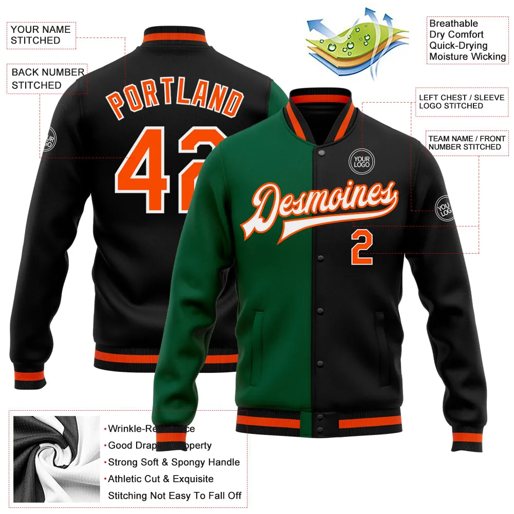 Custom Black Orange-Kelly Green Bomber Full-Snap Varsity Letterman Split Fashion Jacket