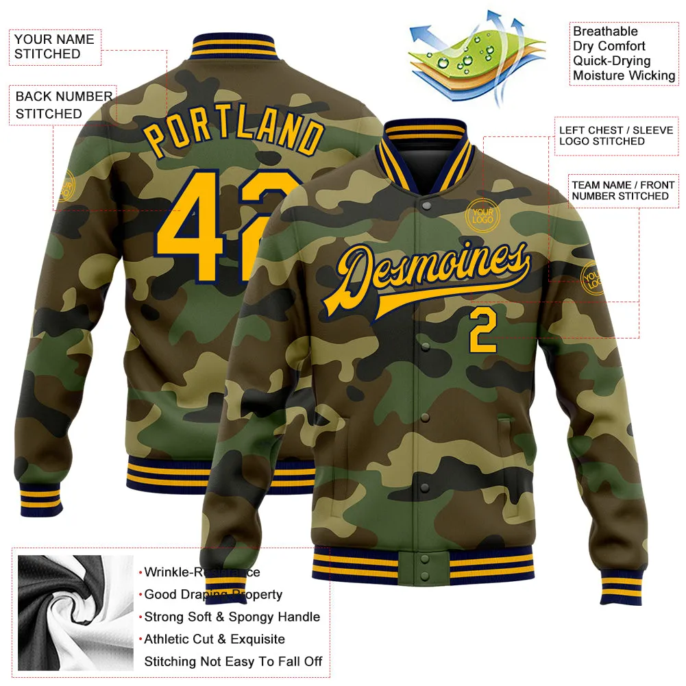 Custom Camo Gold-Navy Bomber Full-Snap Varsity Letterman Salute To Service Jacket