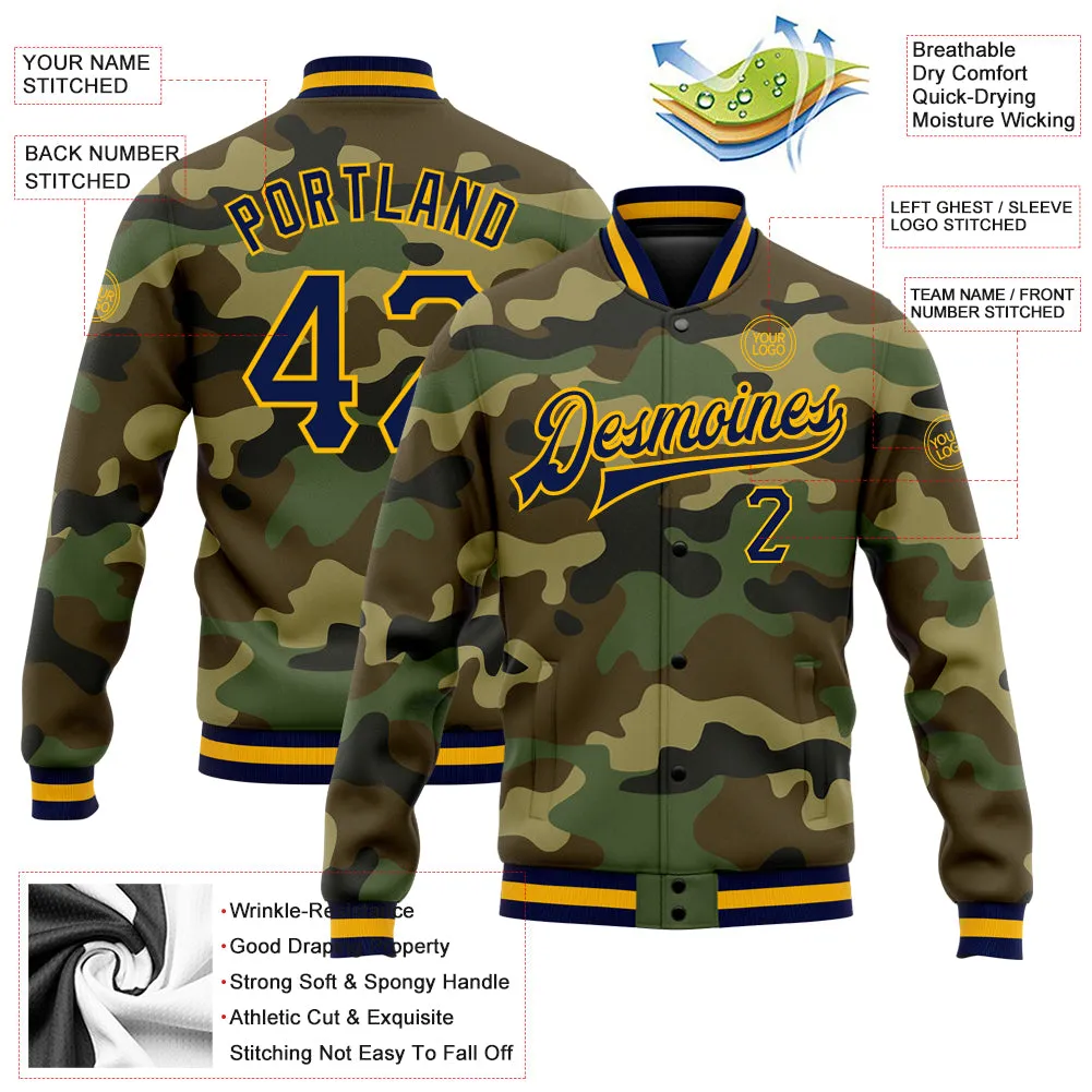 Custom Camo Navy-Gold Bomber Full-Snap Varsity Letterman Salute To Service Jacket