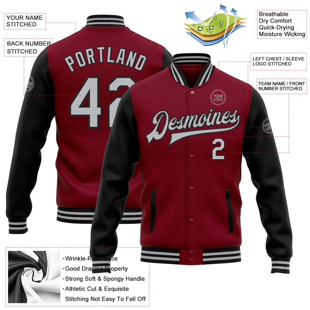 Custom Crimson Gray-Black Bomber Full-Snap Varsity Letterman Two Tone Jacket