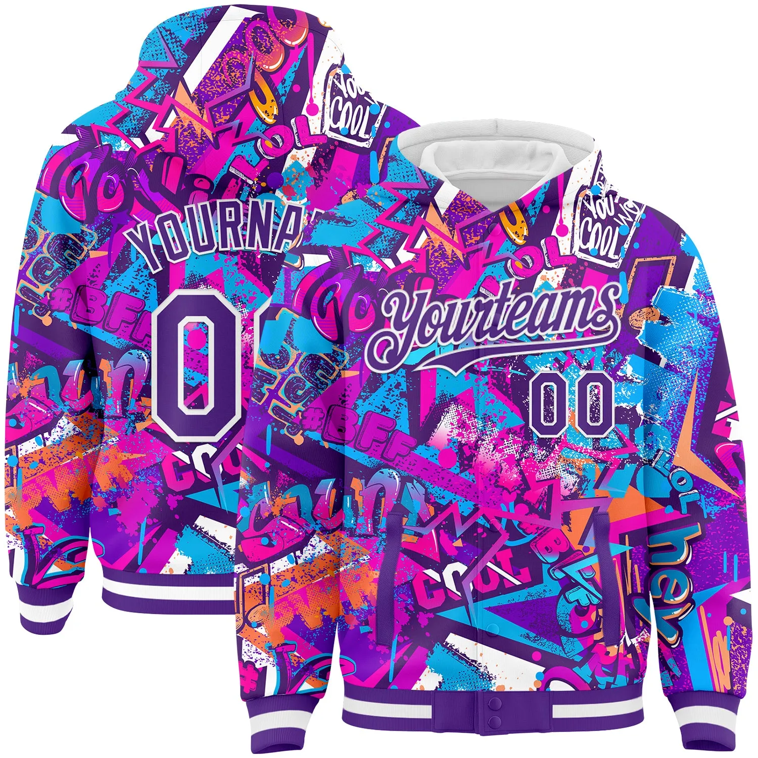 Custom Graffiti Pattern Purple-White Splash 3D Bomber Full-Snap Varsity Letterman Hoodie Jacket