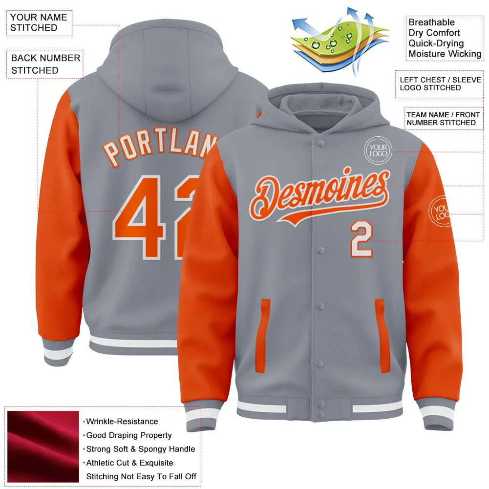 Custom Gray Orange-White Bomber Full-Snap Varsity Letterman Two Tone Hoodie Jacket