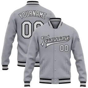 Custom Gray White-Black Bomber Full-Snap Varsity Letterman Jacket