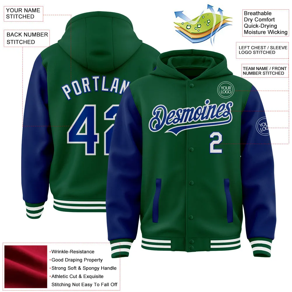 Custom Kelly Green Royal-White Bomber Full-Snap Varsity Letterman Two Tone Hoodie Jacket