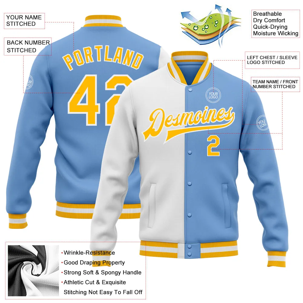 Custom Light Blue Gold-White Bomber Full-Snap Varsity Letterman Split Fashion Jacket