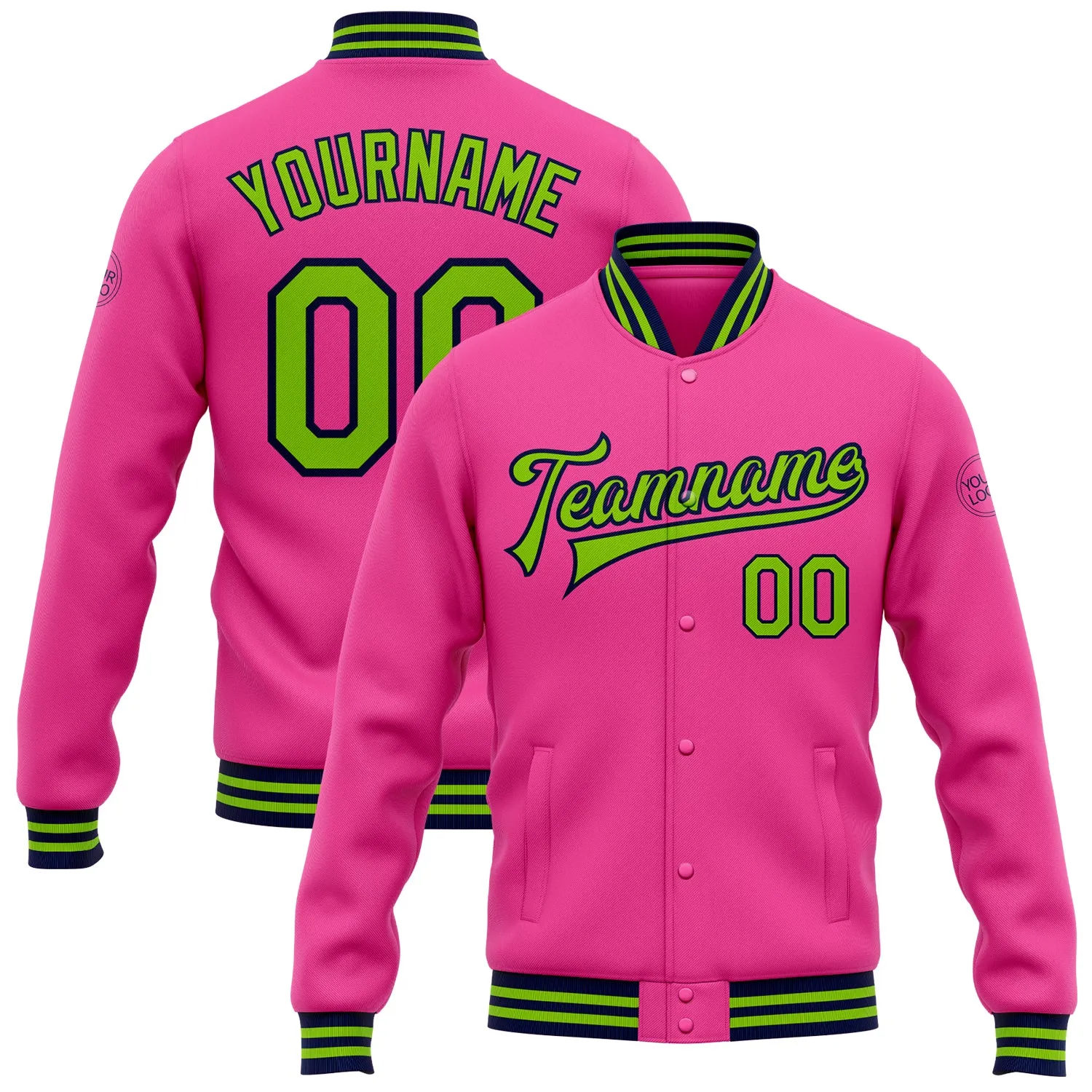 Custom Pink Neon Green-Navy Bomber Full-Snap Varsity Letterman Jacket