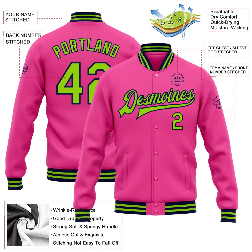 Custom Pink Neon Green-Navy Bomber Full-Snap Varsity Letterman Jacket