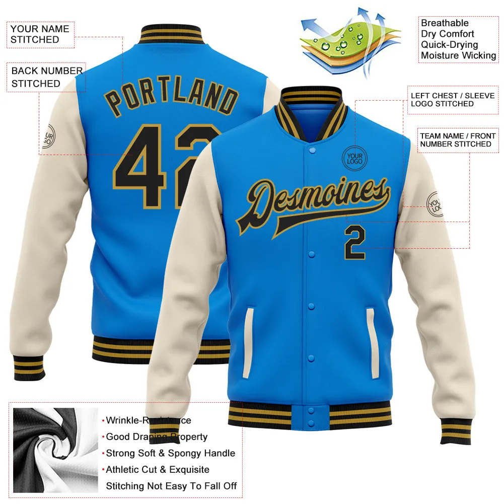 Custom Powder Blue Black Cream-Old Gold Bomber Full-Snap Varsity Letterman Two Tone Jacket