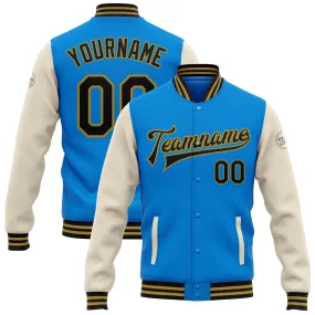 Custom Powder Blue Black Cream-Old Gold Bomber Full-Snap Varsity Letterman Two Tone Jacket