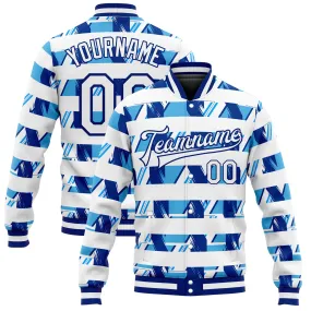 Custom Royal White-Light Blue 3D Pattern Design Bomber Full-Snap Varsity Letterman Jacket